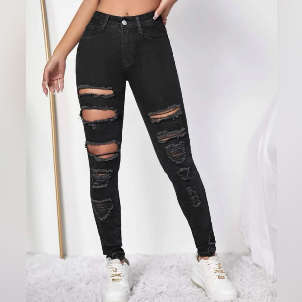 SHEIN ICON Ripped Raw Trim Skinny Jeans